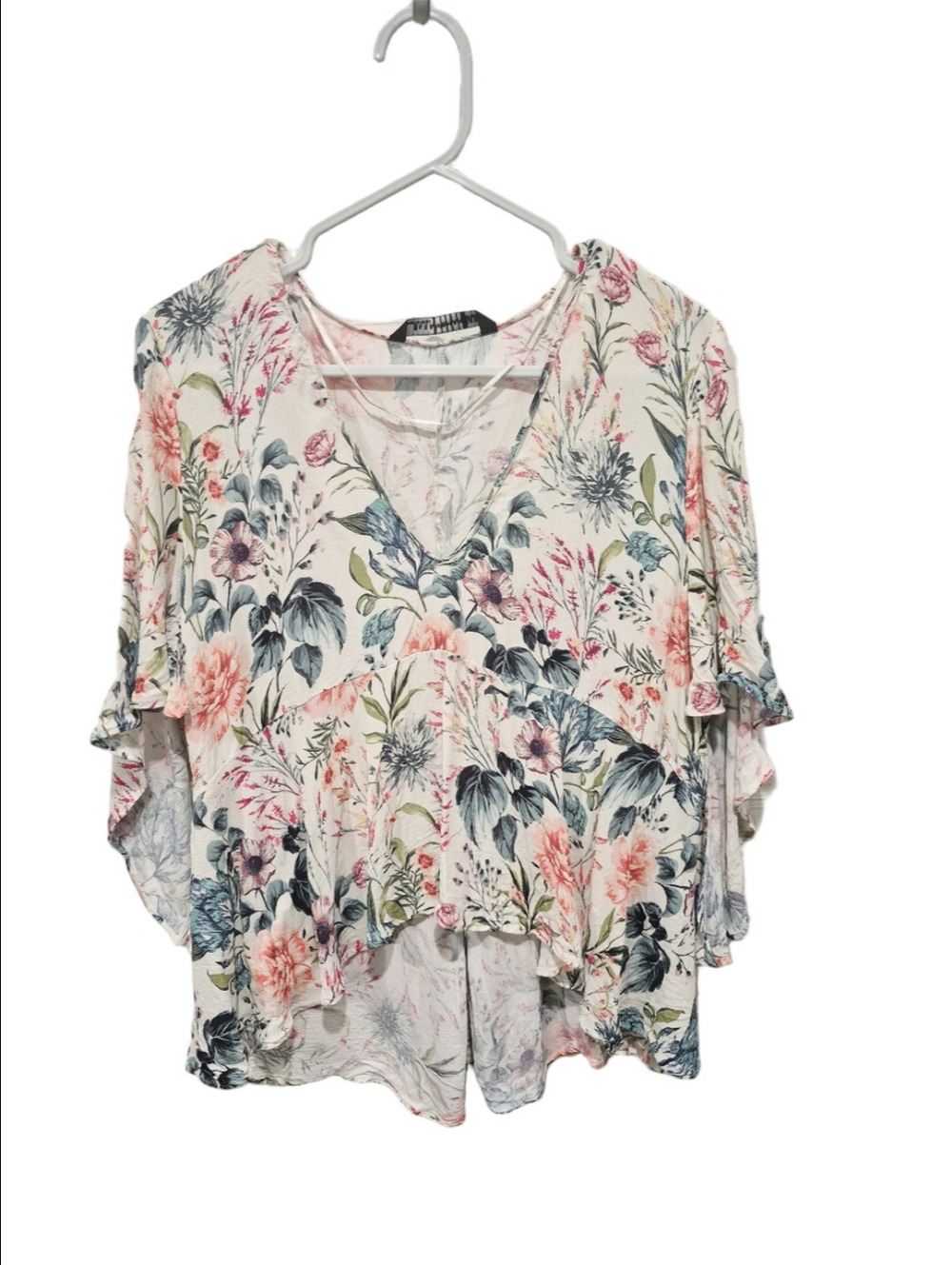 Zara Boho Floral Cape Sleeve Blouse Botanical Print  Short Sleeve